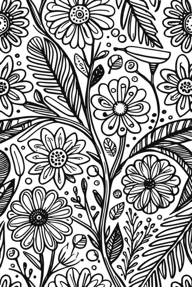 Abstract Black and white monochromatic hand-drawn flowers texture pattern doodle vector illustration