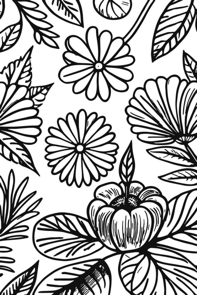 Abstract Black and white monochromatic hand-drawn flowers texture pattern doodle vector illustration