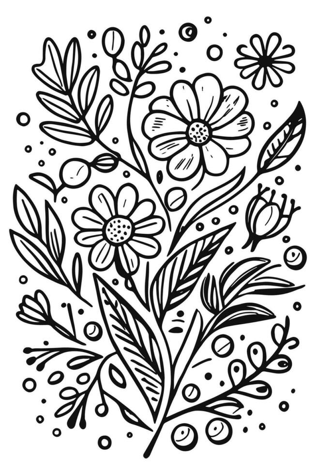 Abstract Black and white monochromatic hand-drawn flowers texture pattern doodle vector illustration