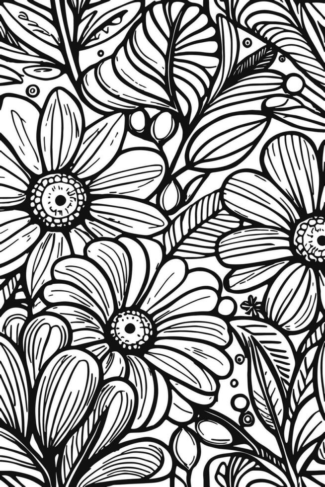 Abstract Black and white monochromatic hand-drawn flowers texture pattern doodle vector illustration