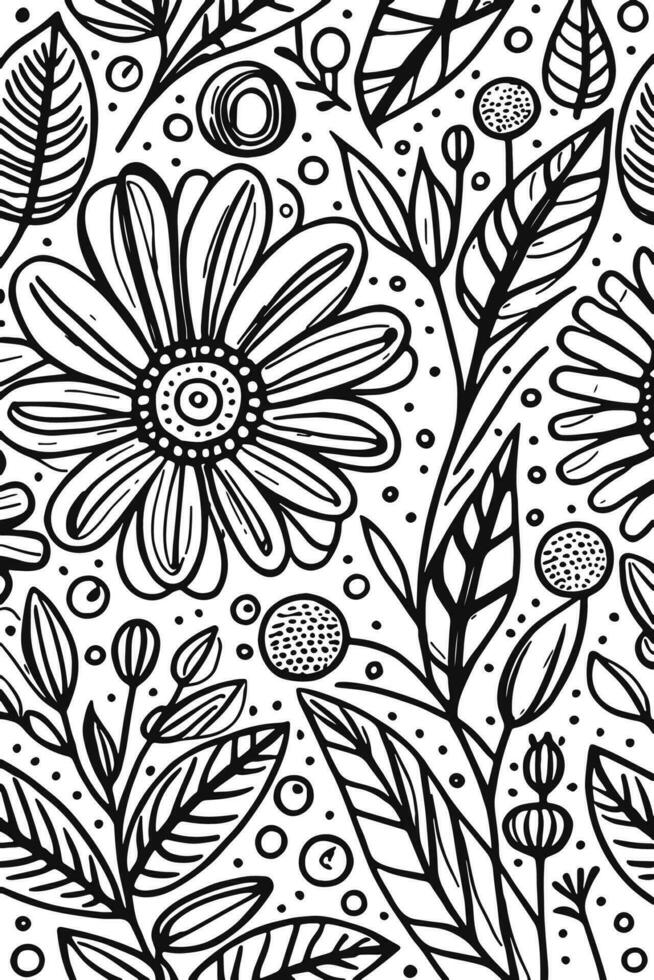 Abstract Black and white monochromatic hand-drawn flowers texture pattern doodle vector illustration