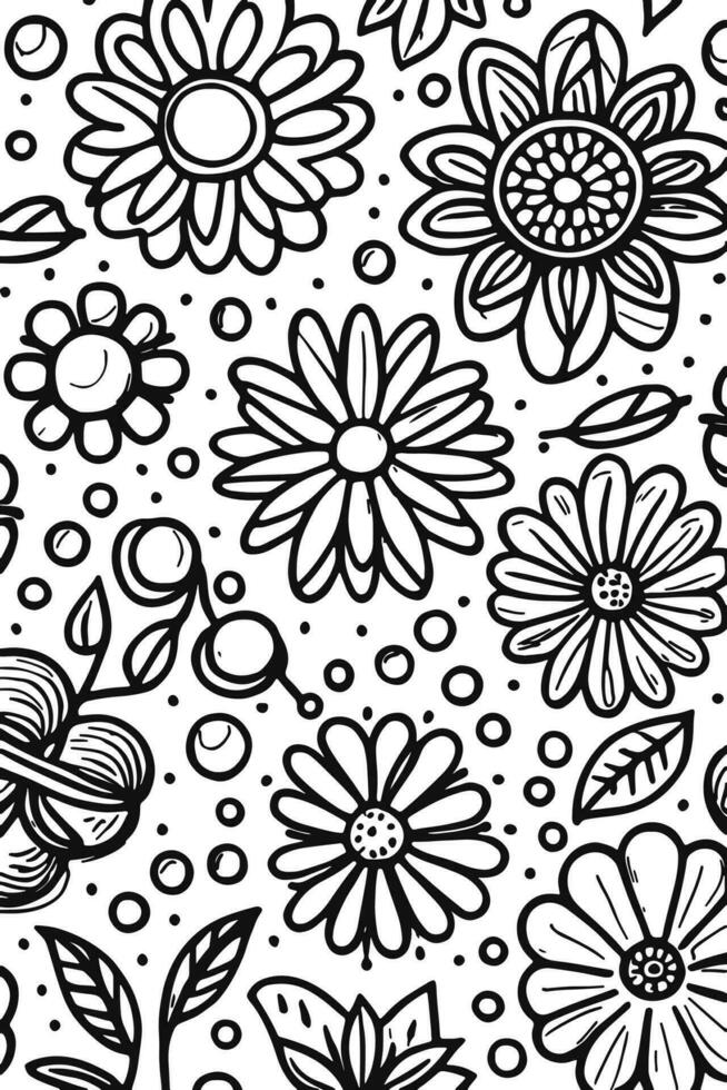 Abstract Black and white monochromatic hand-drawn flowers texture pattern doodle vector illustration