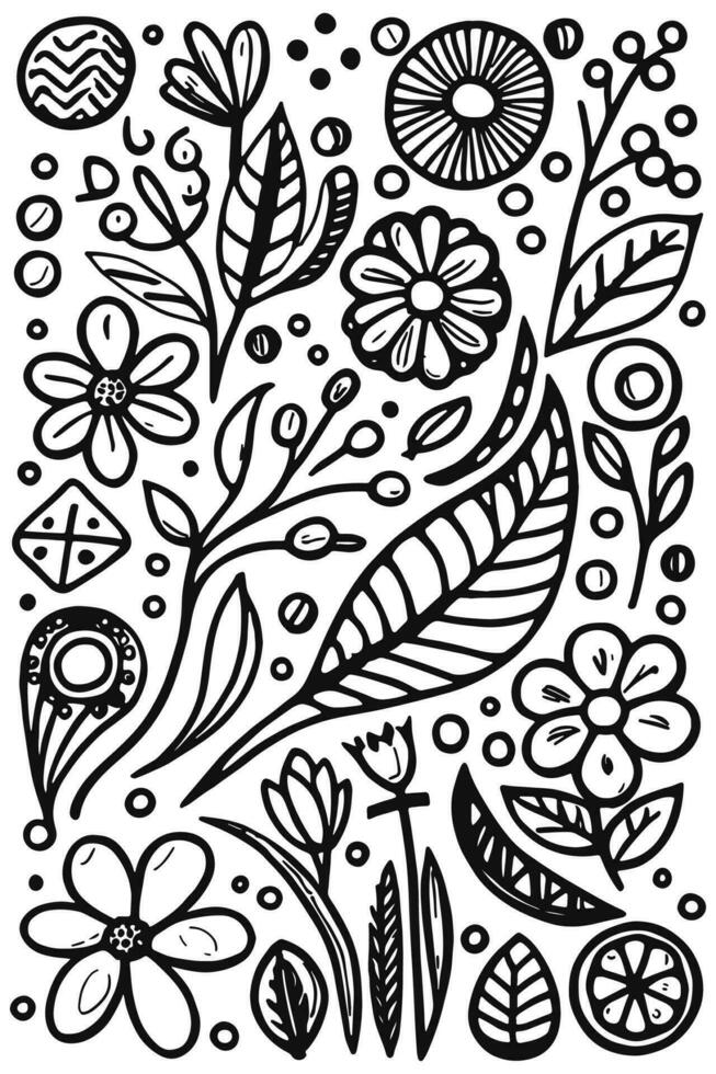 Abstract Black and white monochromatic hand-drawn flowers texture pattern doodle vector illustration