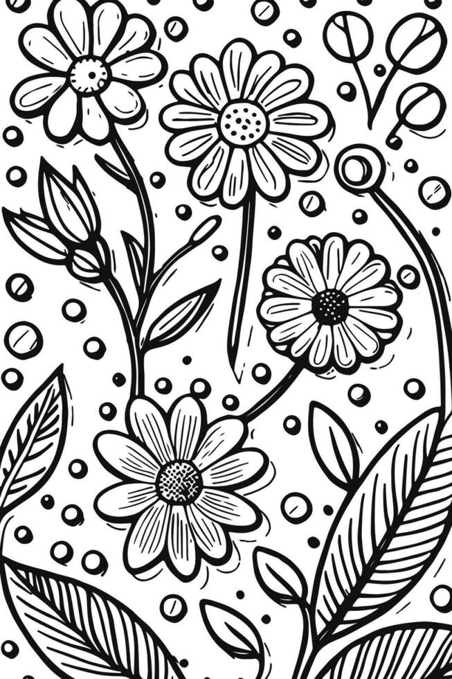 Abstract Black and white monochromatic hand-drawn flowers texture pattern doodle vector illustration