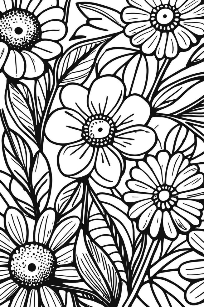 Abstract Black and white monochromatic hand-drawn flowers texture pattern doodle vector illustration