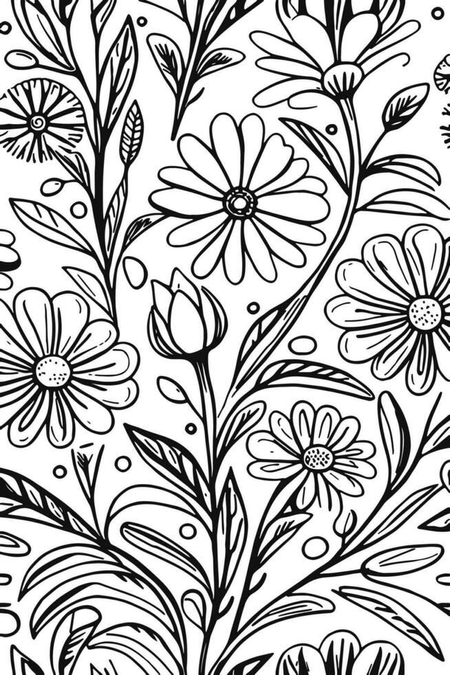 Abstract Black and white monochromatic hand-drawn flowers texture pattern doodle vector illustration