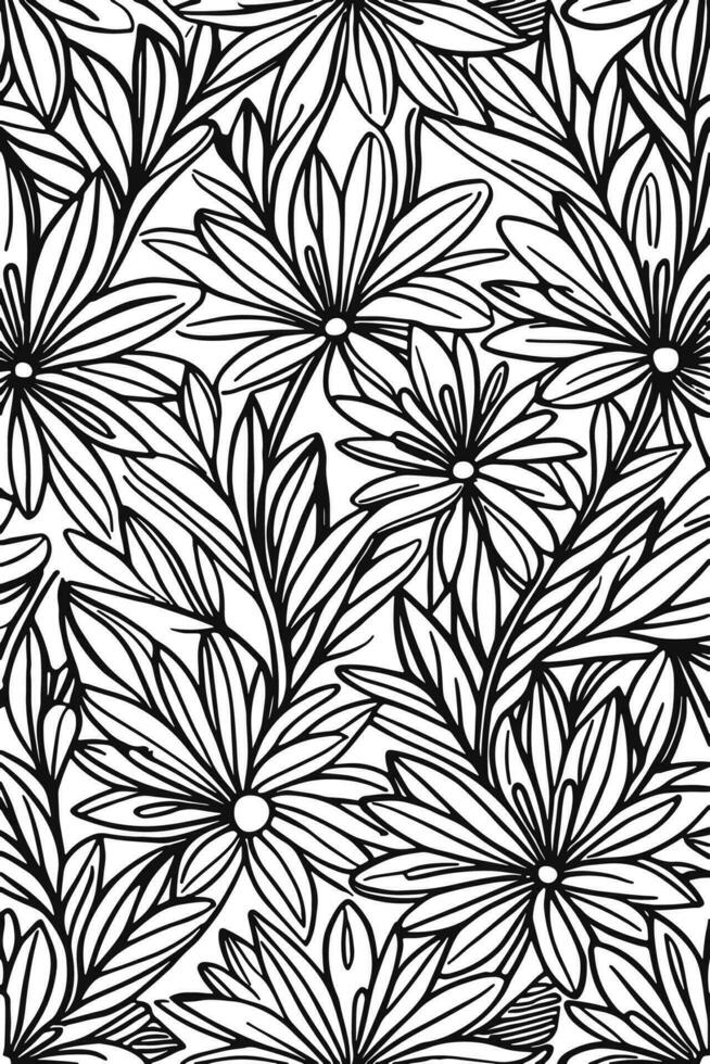 Abstract Black and white monochromatic hand-drawn flowers texture pattern doodle vector illustration