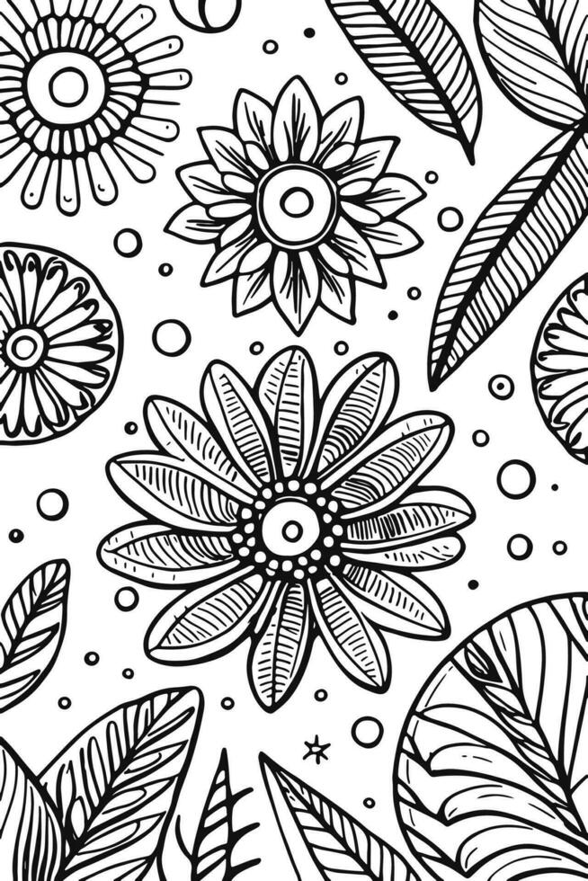 Abstract Black and white monochromatic hand-drawn flowers texture pattern doodle vector illustration