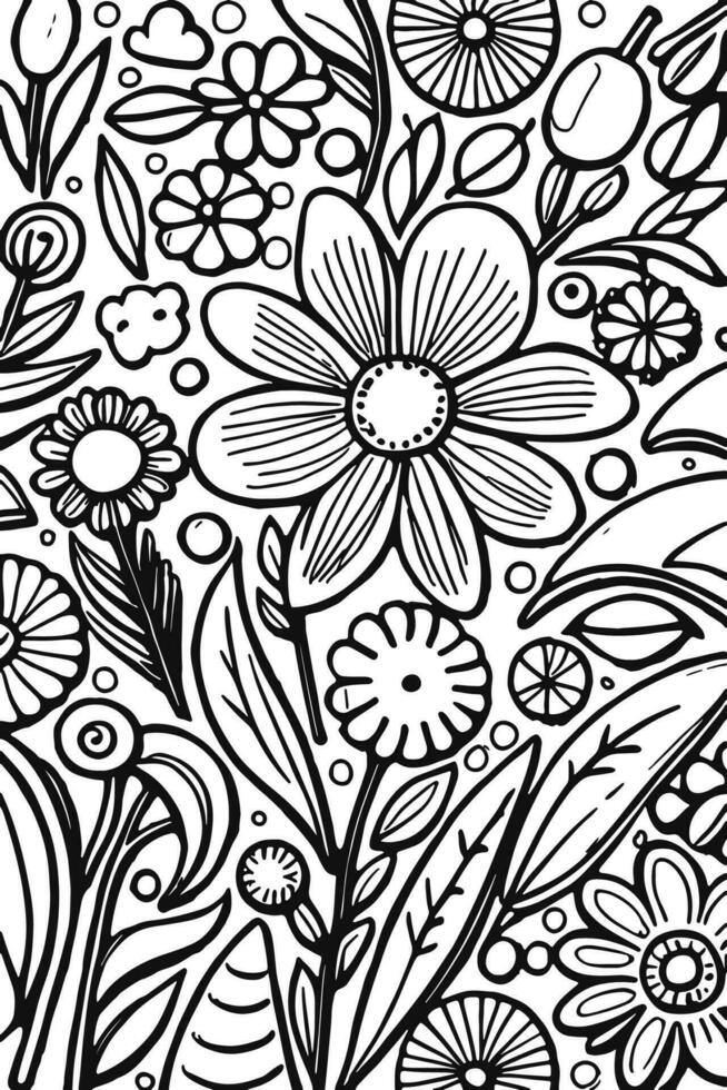 Abstract Black and white monochromatic hand-drawn flowers texture pattern doodle vector illustration