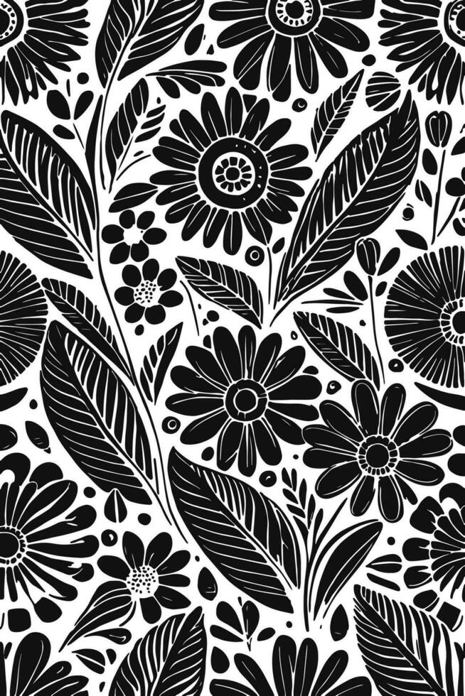 resumen negro y blanco monocromo dibujado a mano flores textura modelo garabatear vector ilustración