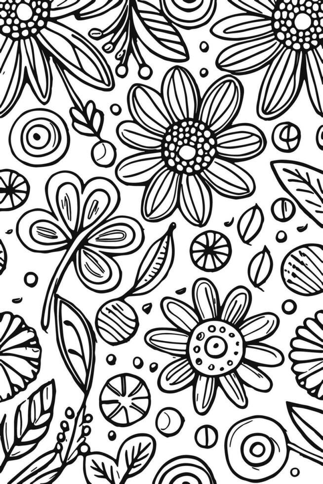 Abstract Black and white monochromatic hand-drawn flowers texture pattern doodle vector illustration