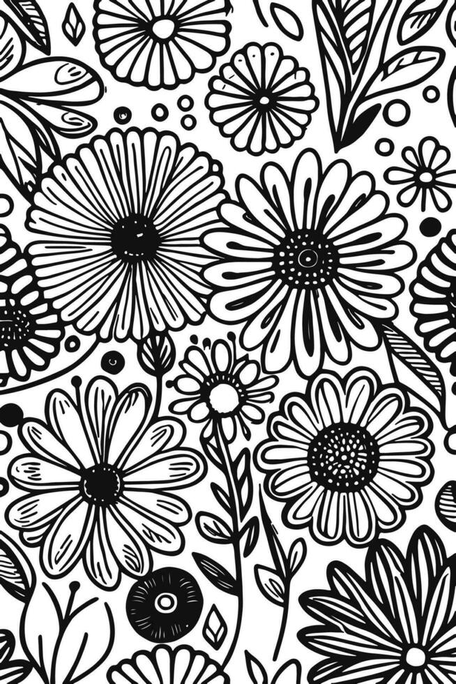 Abstract Black and white monochromatic hand-drawn flowers texture pattern doodle vector illustration