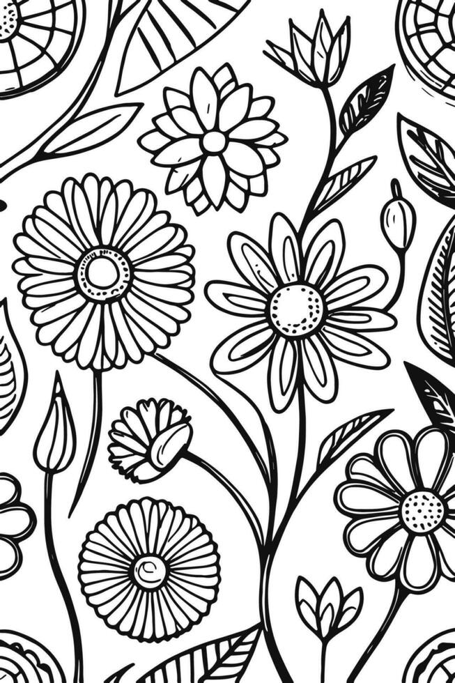 Abstract Black and white monochromatic hand-drawn flowers texture pattern doodle vector illustration