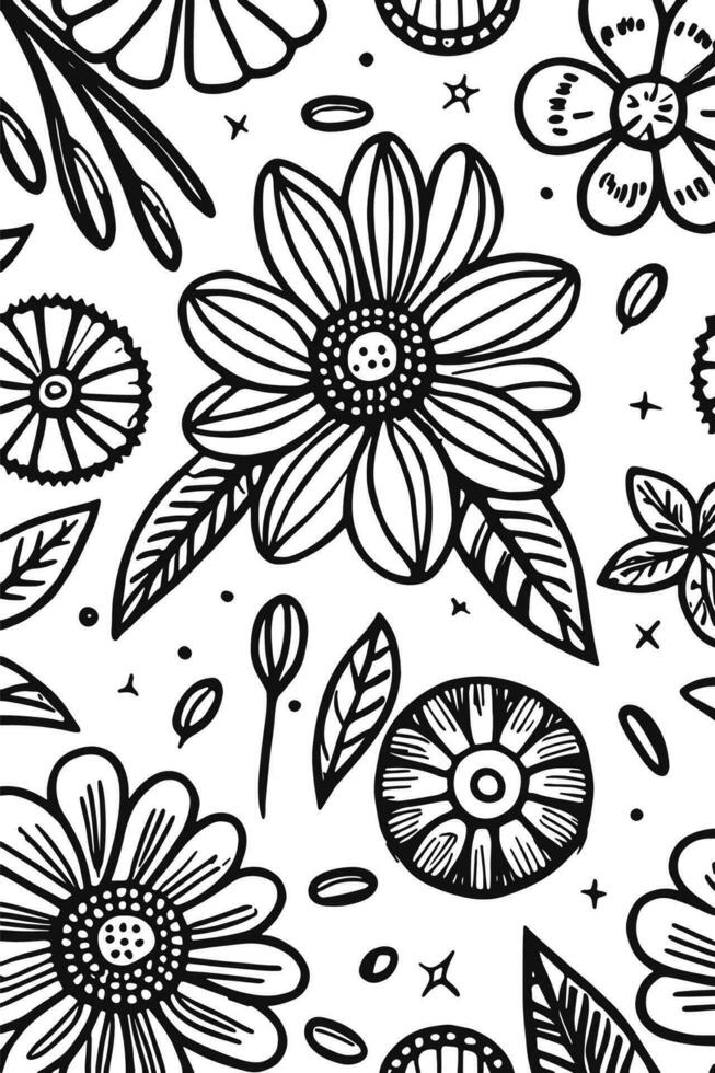 Abstract Black and white monochromatic hand-drawn flowers texture pattern doodle vector illustration
