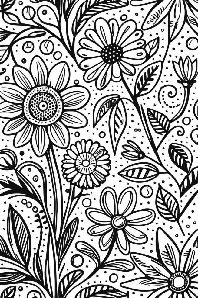 Abstract Black and white monochromatic hand-drawn flowers texture pattern doodle vector illustration