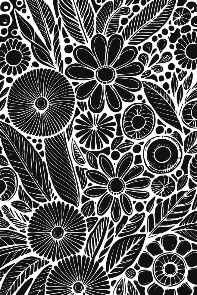 Abstract Black and white monochromatic hand-drawn flowers texture pattern doodle vector illustration