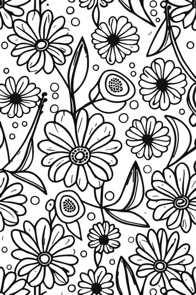 Abstract Black and white monochromatic hand-drawn flowers texture pattern doodle vector illustration