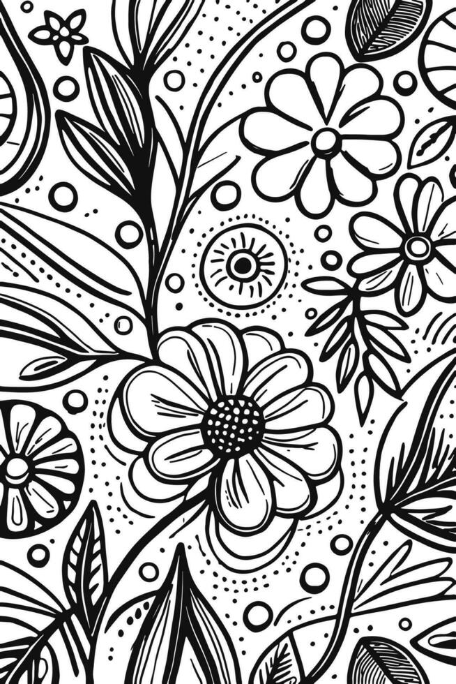 Abstract Black and white monochromatic hand-drawn flowers texture pattern doodle vector illustration