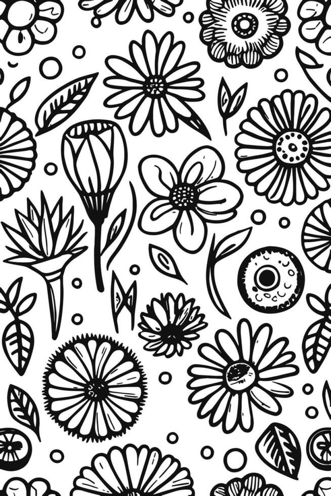 Abstract Black and white monochromatic hand-drawn flowers texture pattern doodle vector illustration