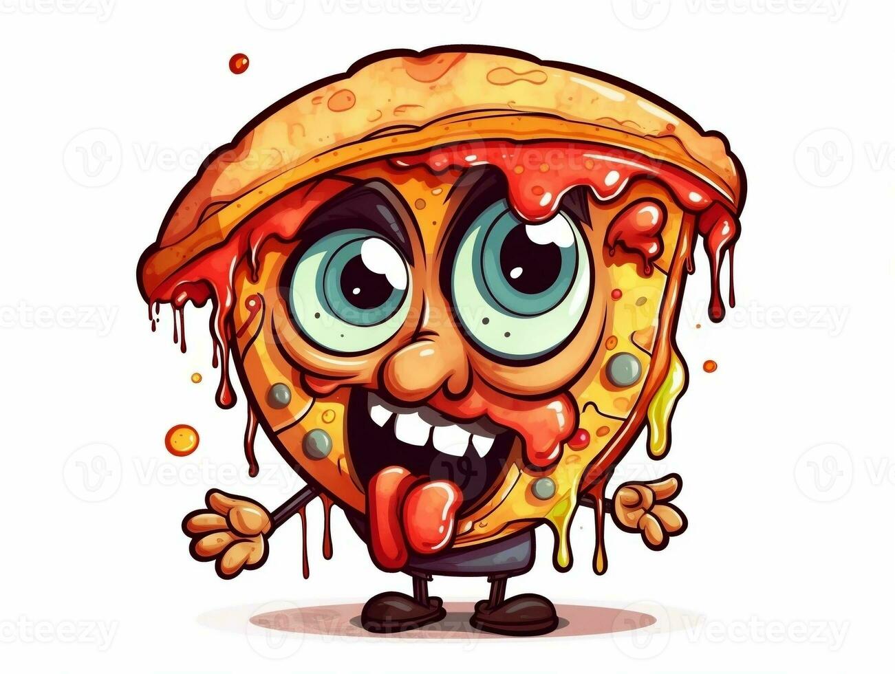 gracioso Pizza rebanada dibujos animados personaje clipart, pintada garabatear estilo en el blanco antecedentes generativo ai foto