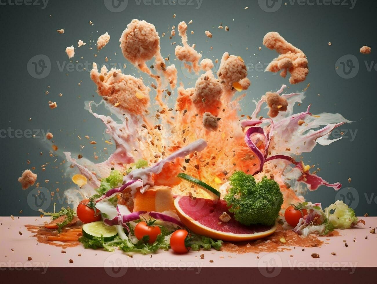 Exploding food illustration generative ai photo