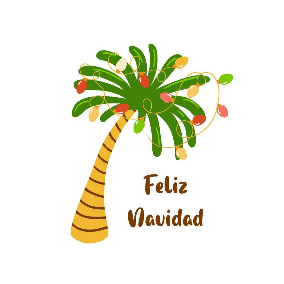 Tropical Christmas palm tree decorated Christmas lights, garland. Inscription Merry Christmas in Spanish. Winter holiday isolated element on white background. Vector illustration for greeting card.