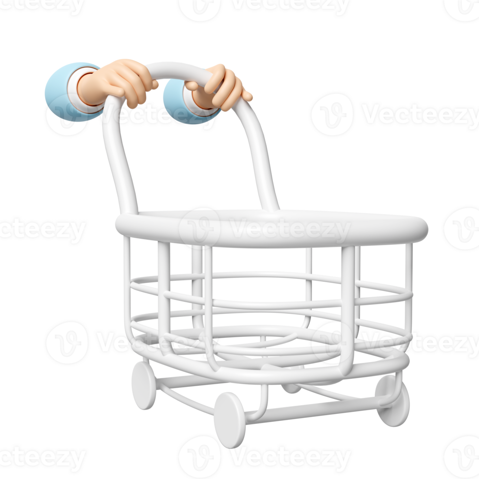 3d hand pushing a shopping cart empty isolated. 3d render illustration png