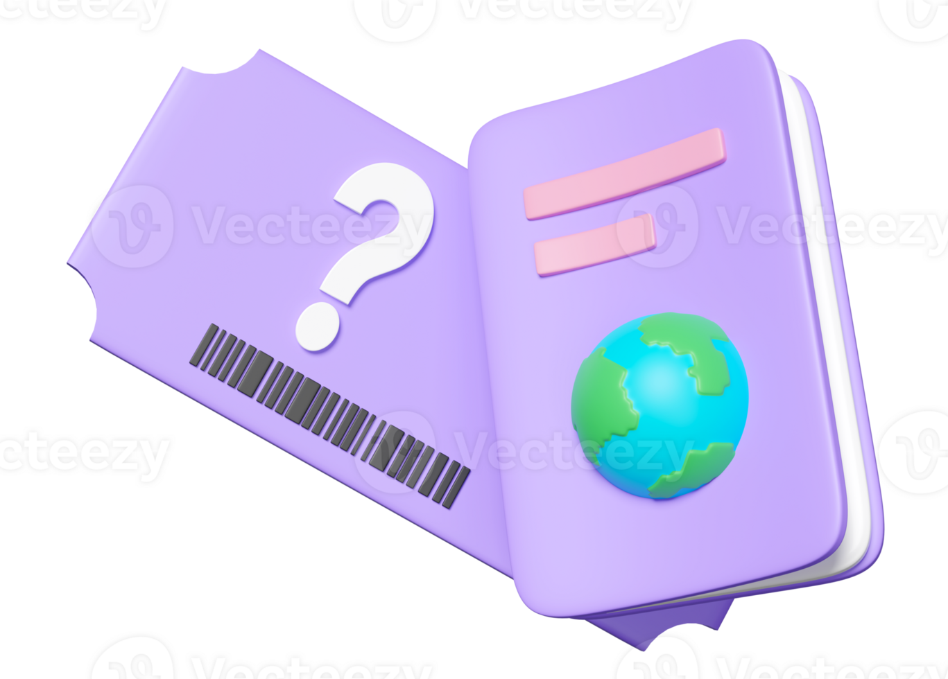3d passport or international travel with ticket, question mark symbol isolated.  3d render illustration png
