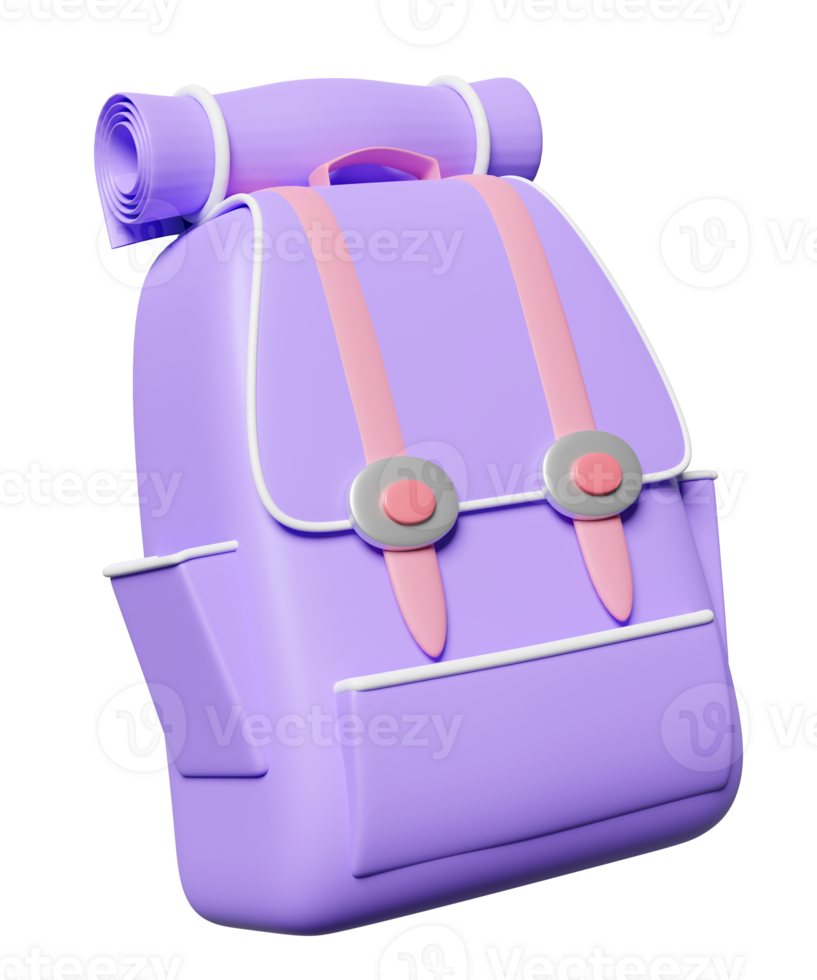 3d roxa mochila, escola saco flutuando ícone isolado. costas para escola, viagem conceito, 3d render ilustração png