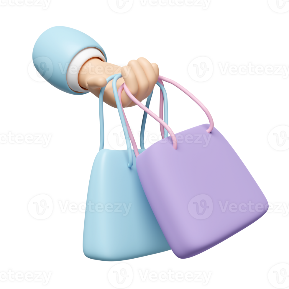 Character cartoon hand holding shopping paper bags isolated. 3d illustration render png