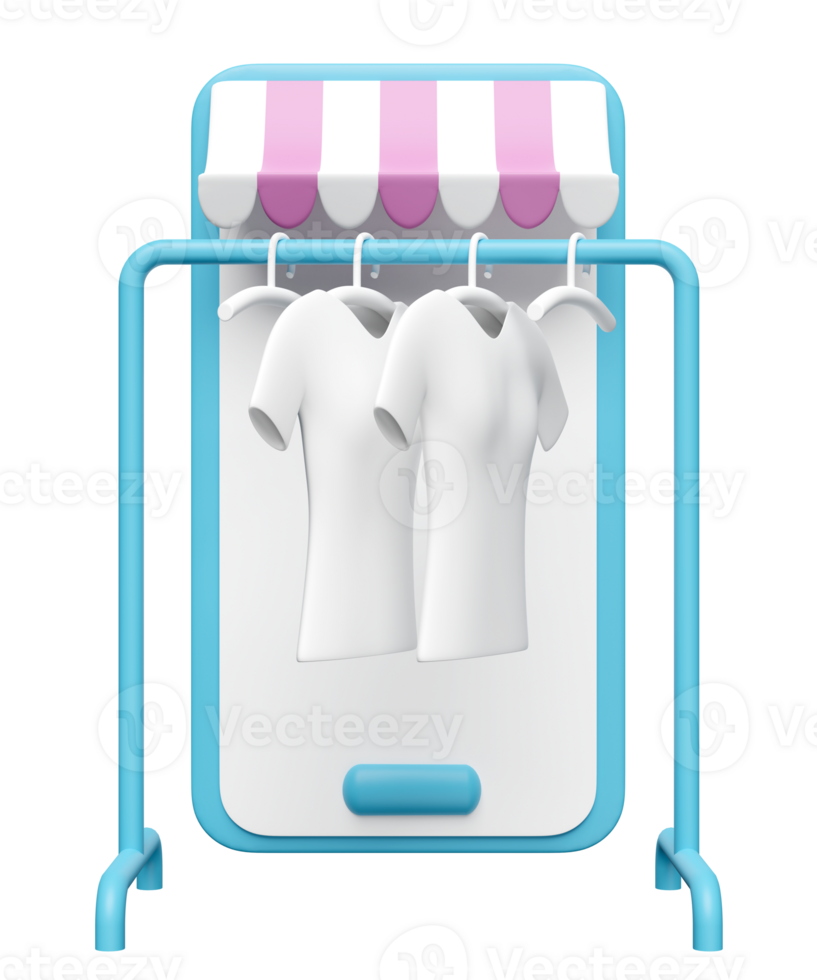 Smartphone loja frente com casaco prateleira, camisa, cabide isolado. conectados compras conceito, 3d render ilustração png