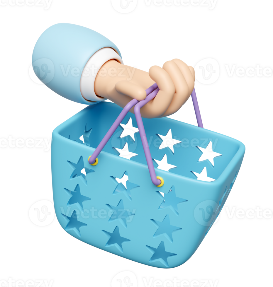 hand holding shopping carts, basket isolated. 3d render illustration png