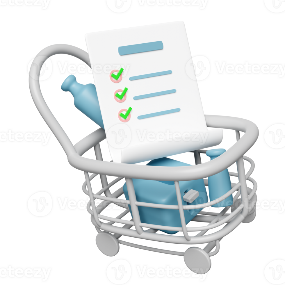 3d shopping carts or basket with  checklist, miscellaneous isolated. 3d illustration render png
