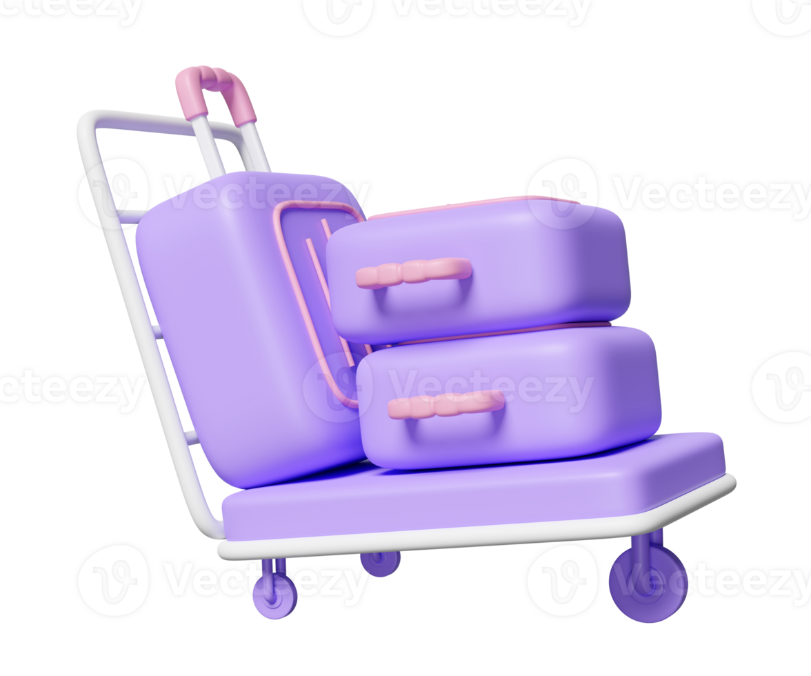 3d airport trolley with suitcase isolated. summer travel concept, 3d render illustration png