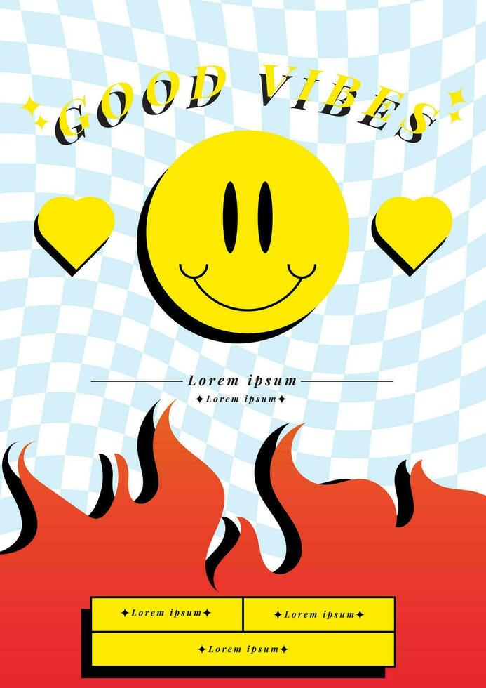 good vibes retro poster template design with smile, love and flame element vector