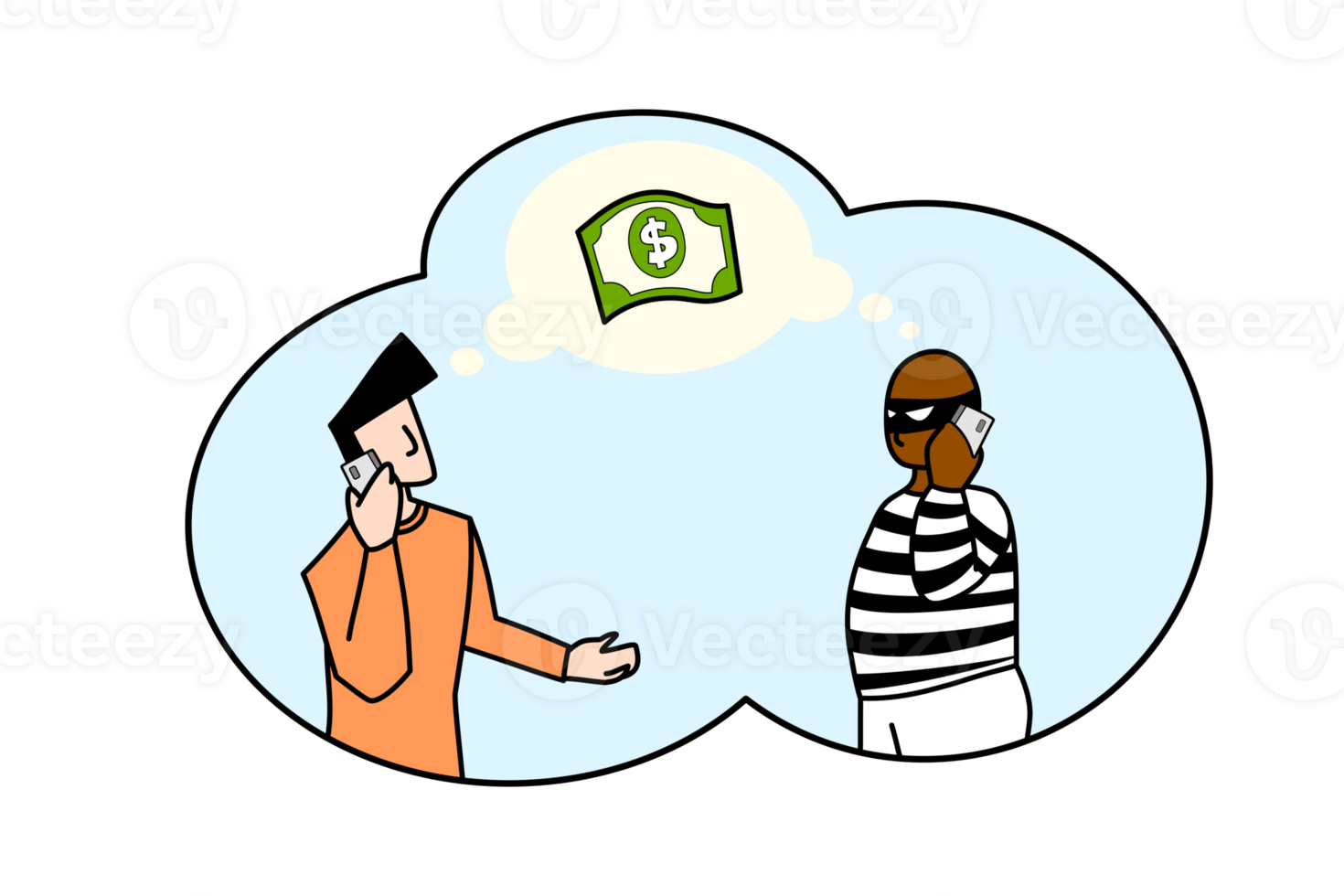 Online crime concept illustration, cellphone scammer online social media fraud. A swindler and a thief are working at the mobile. flat illustration isolated on transparent background png