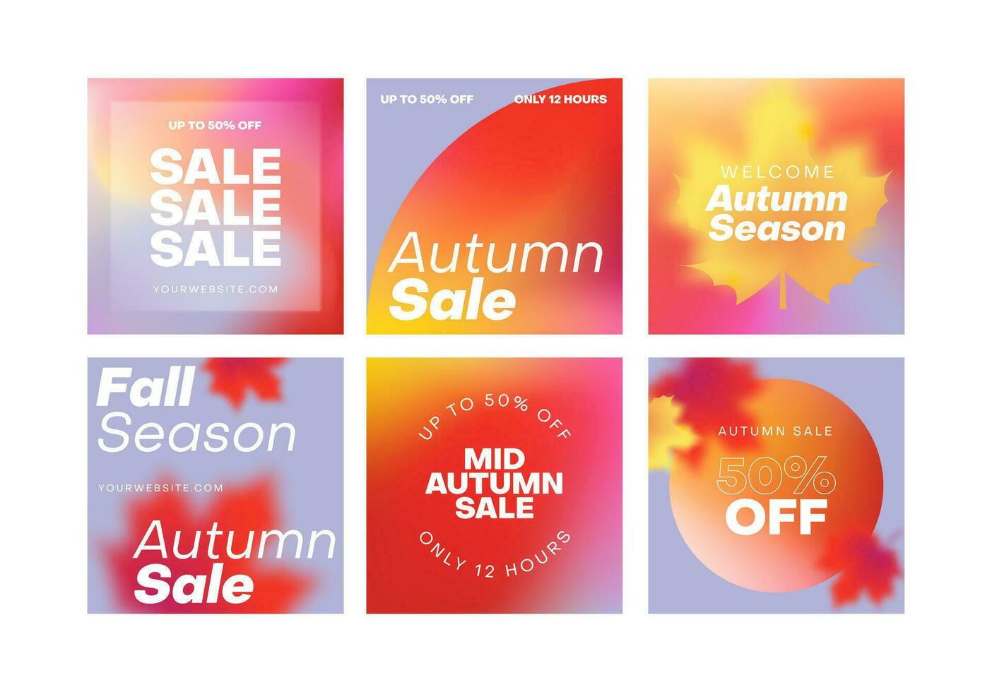 Autumn gradient aesthetic square posts set. Minimal vector background covers with blur and maple leaves.