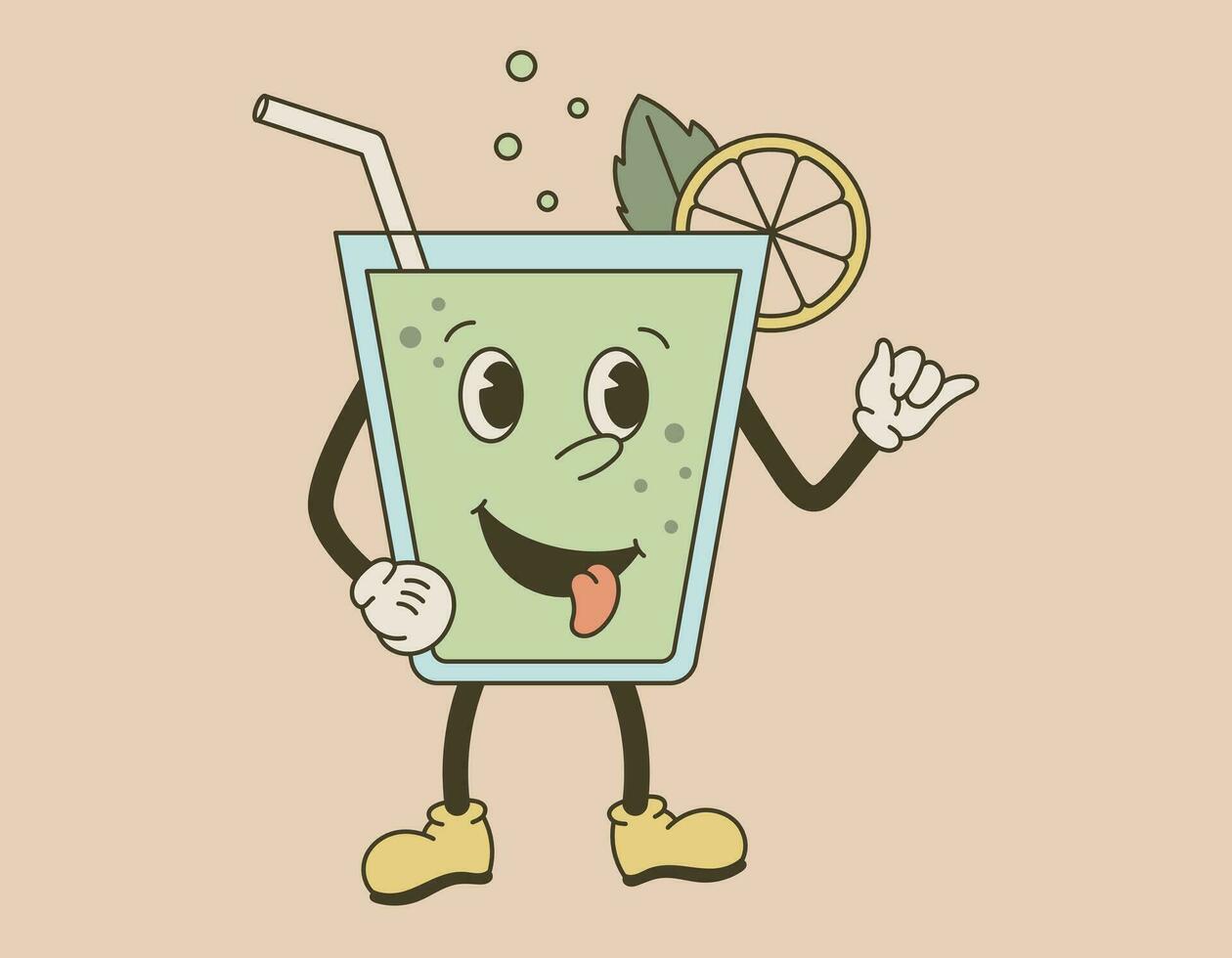 Funny glass with a cocktail in old cartoon style. Groovy mojito drink with lime and drinking straws. Vector isolated cheerful retro character.