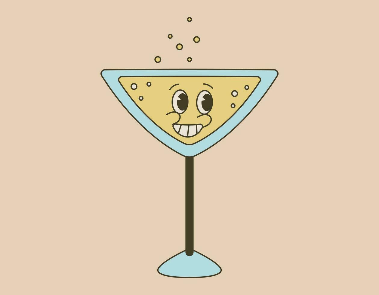 Funny glass with a cocktail in old cartoon style. Groovy alcoholic drink with bubbles. Vector isolated cheerful retro character.