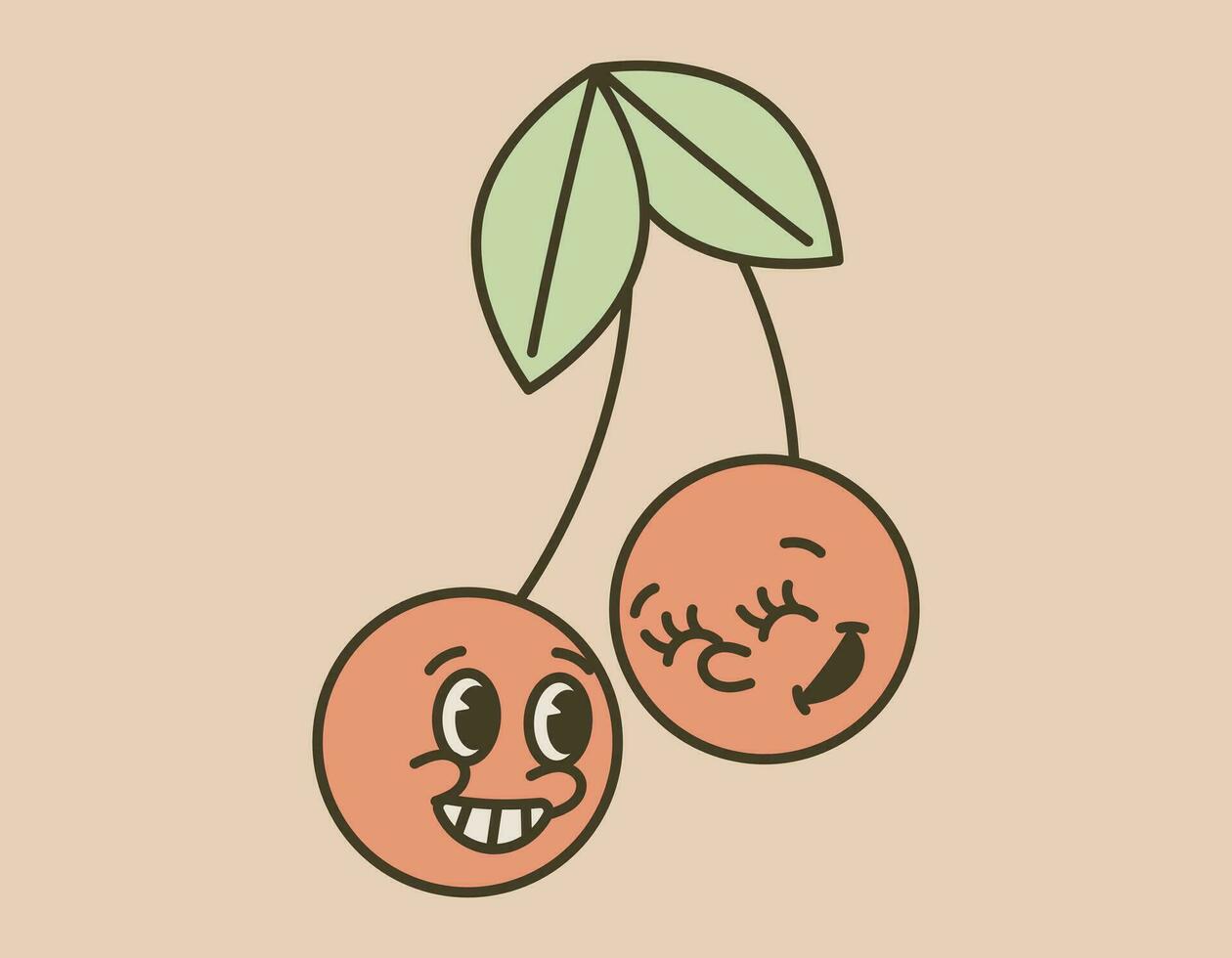 Funny pair of cherries on a branch in old cartoon style. Vector isolated retro groove illustration of cheerful character.