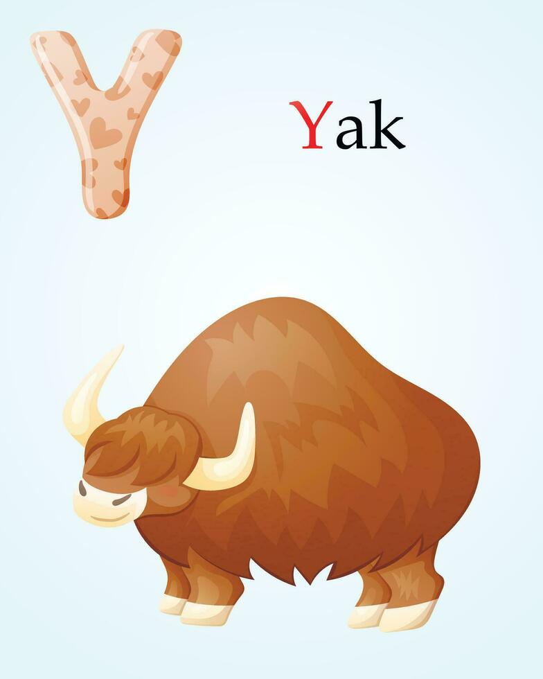 Kids banner with english alphabet letter Y and cartoon image of large animal yak with horns and long hair. vector