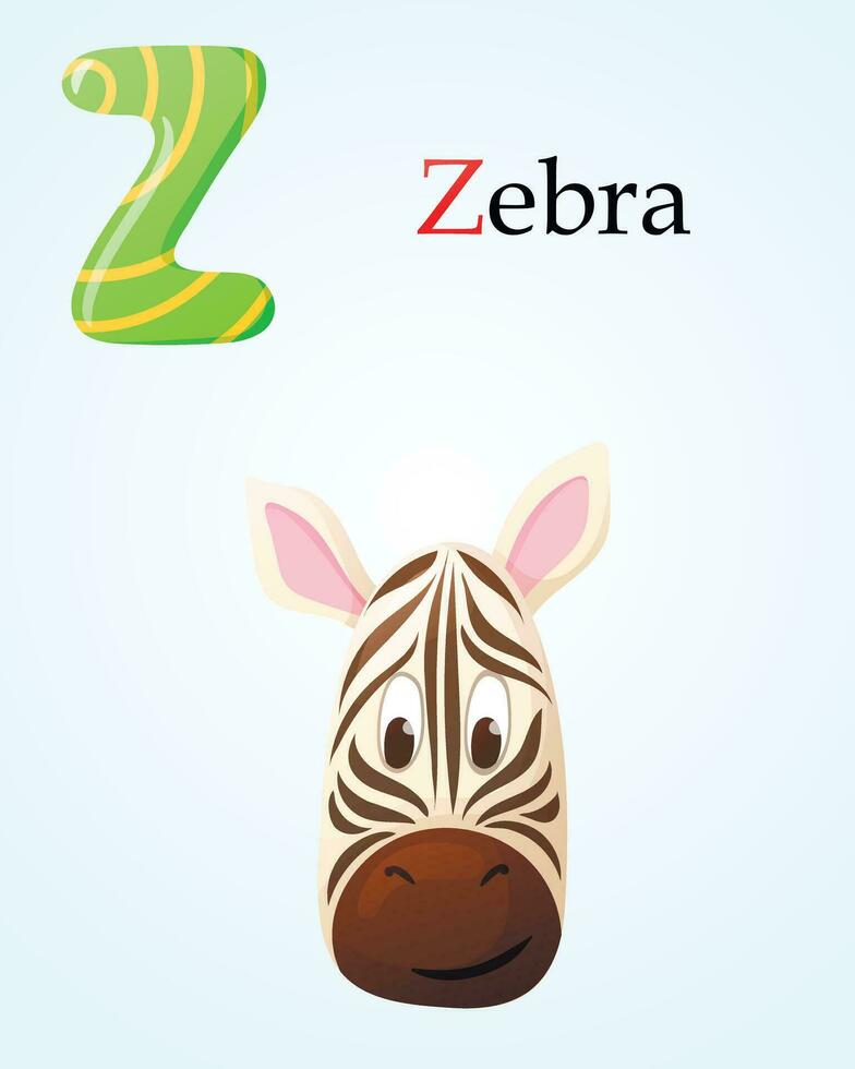 Kids banner with english alphabet letter Z and cartoon image of striped zebra head vector