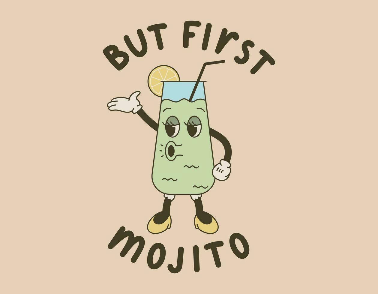 gracioso ranura personaje, un vaso con un cóctel o limonada, con un Bebiendo paja. vector aislado retro ilustración en antiguo dibujos animados estilo. letras pero primero mojito