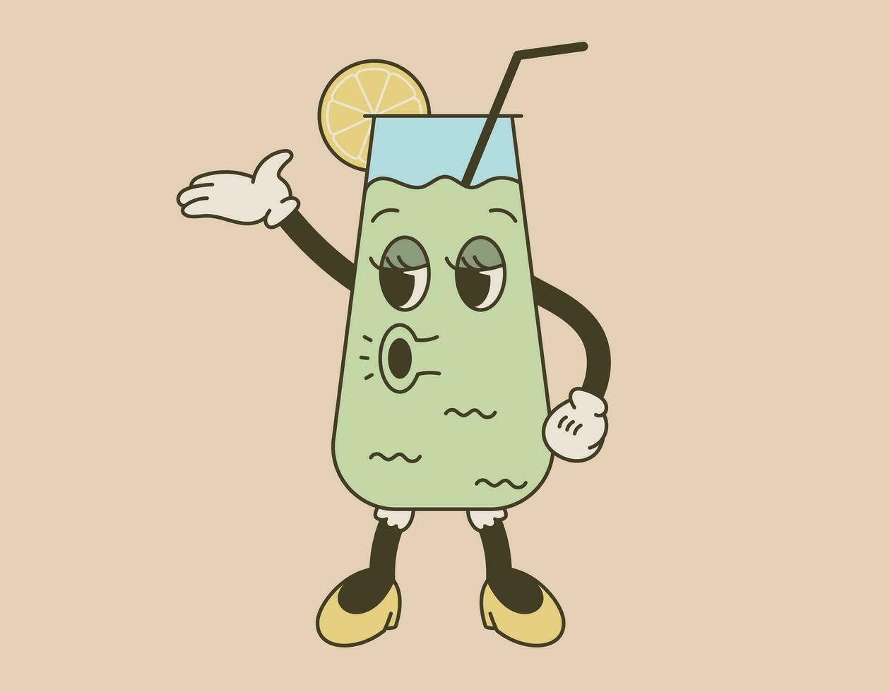 Funny retro groove character, a glass with an alcoholic cocktail and a drinking straw. Vector isolated lemonade drink in old cartoon style.