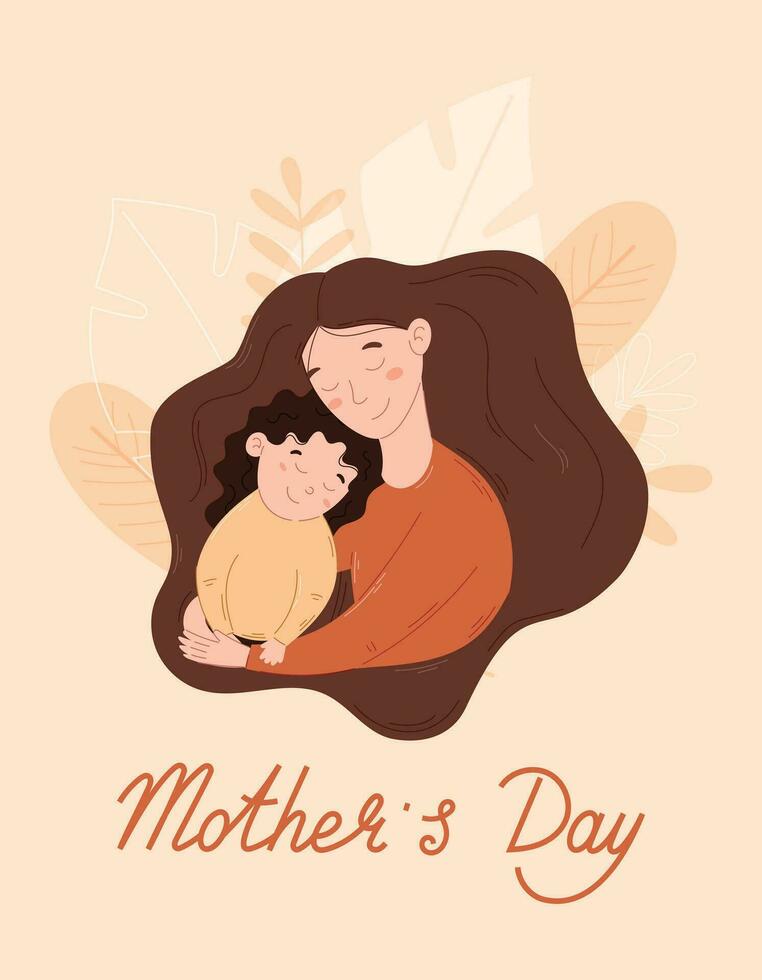 internacional fiesta madres día. plano mujer abrazando bebé hija. vector tarjeta postal, niño y padre abrazando