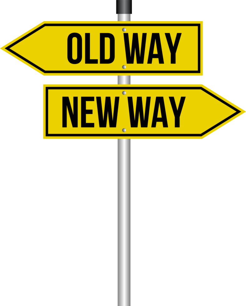 Old Way, New Way Black and Yellow Sign Pointing Opposite Directions on Transparent Background png