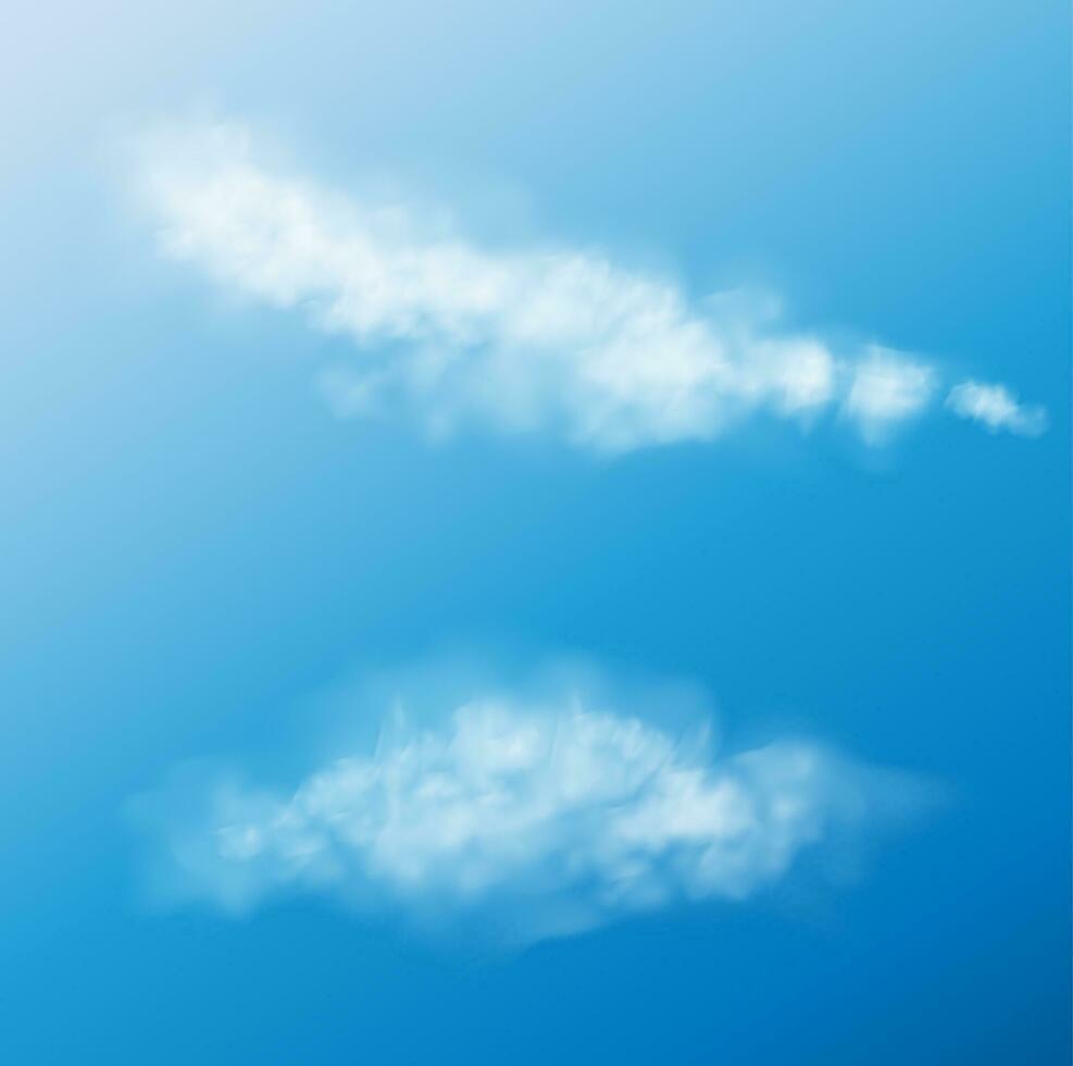 blanco realista mullido nubes o niebla o fumar en azul cielo vector