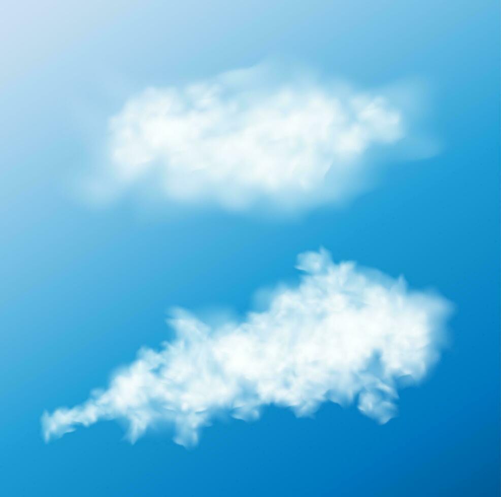 White realistic fluffy clouds or fog or smoke on blue sky vector