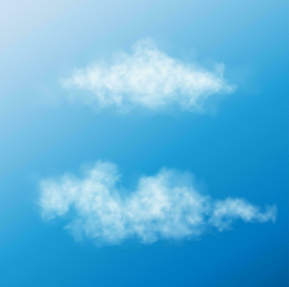 blanco realista mullido nubes o niebla o fumar en azul cielo vector