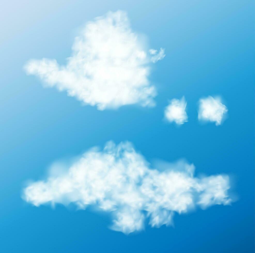 White realistic fluffy clouds or fog or smoke on blue sky vector